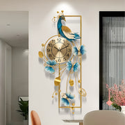 [Elegant Peacock Wall Clock] Luxury Elegant Peacock & Butterfly Metal Wall Clock | Silent Non-Ticking Design with Golden Accents, Blue & White Floral Patterns | Durable Indoor/Outdoor Decor for Living Room, Bedroom
