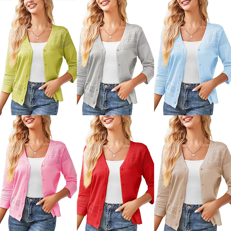 V-neck Cropped Outerwear Hollow-out Knit Cardigan
