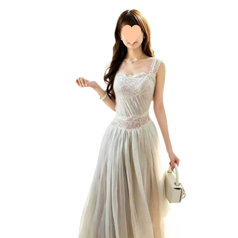 French-style White Lace-strapped Backless Slip Dress