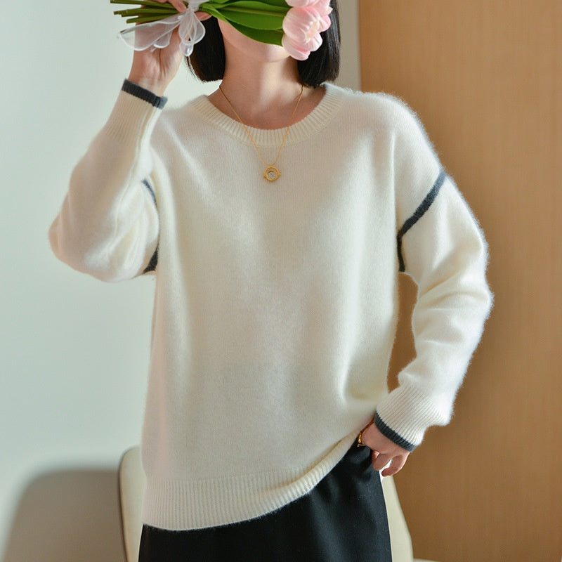 Women's Crew-neck Contrast-color Knit Loose Sweater