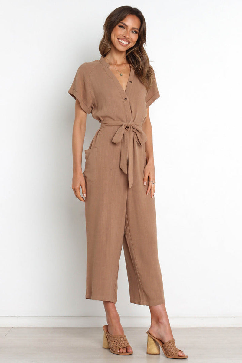 V-Neck Cropped Wide-Leg Jumpsuit for Women