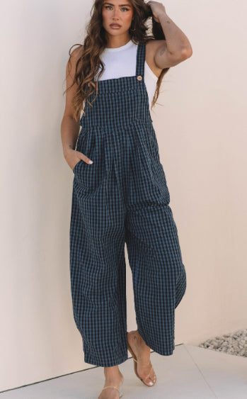 Sail Blue Plaid High-Waist Pocketed Overall Jumpsuit