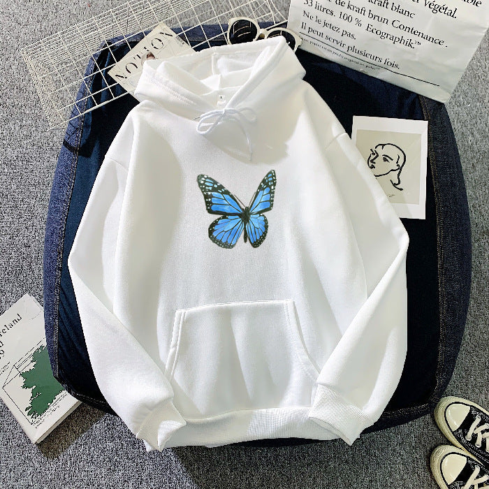 Cozy Fleece-Lined Butterfly Print Pullover Hoodie