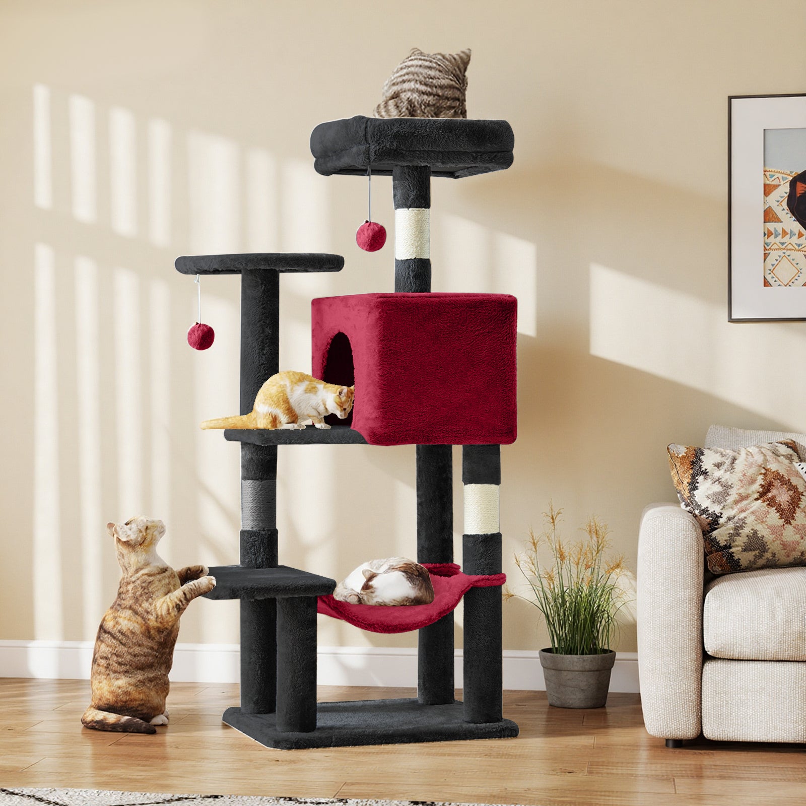 Jhk 44-Inch Multi-Cat Tree Tower With Condo & Hammock - Natural Sisal Scratching Posts, Perches, Pet House For Indoor Cats, Beige/Gray/Light Gray/Pink/Black&Red