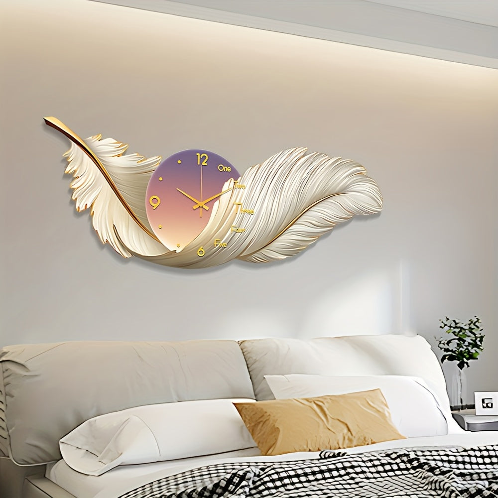 Feather Wall Clock Decorative Wall Clock, Wall Decoration with LED Lights, Feather Decorative Painting, Suitable for Home, Living Room, Study, Bedroom