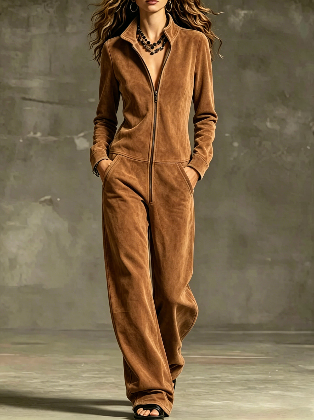 Women's Velvet Wide-Leg Jumpsuit with Pockets