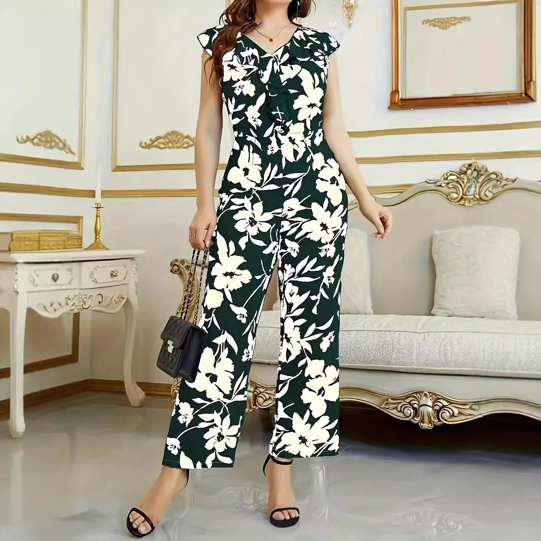 Floral V-Neck Sleeveless Pocket Jumpsuit for Women