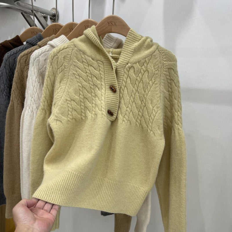 Korean-style Horn-button Cable-knit Sweater for Women