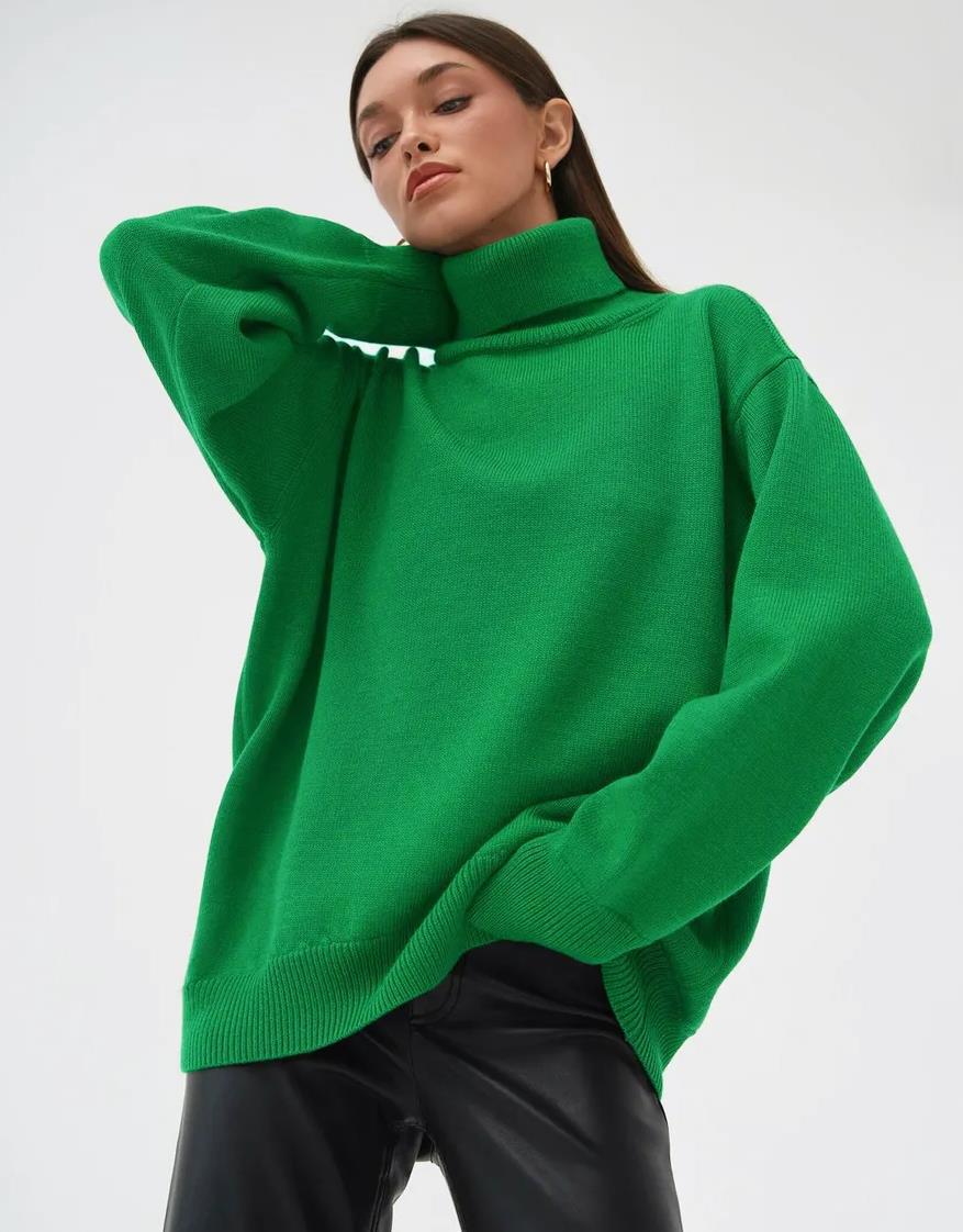 Women's Solid Color Pullover Knitted Sweater with High Neck