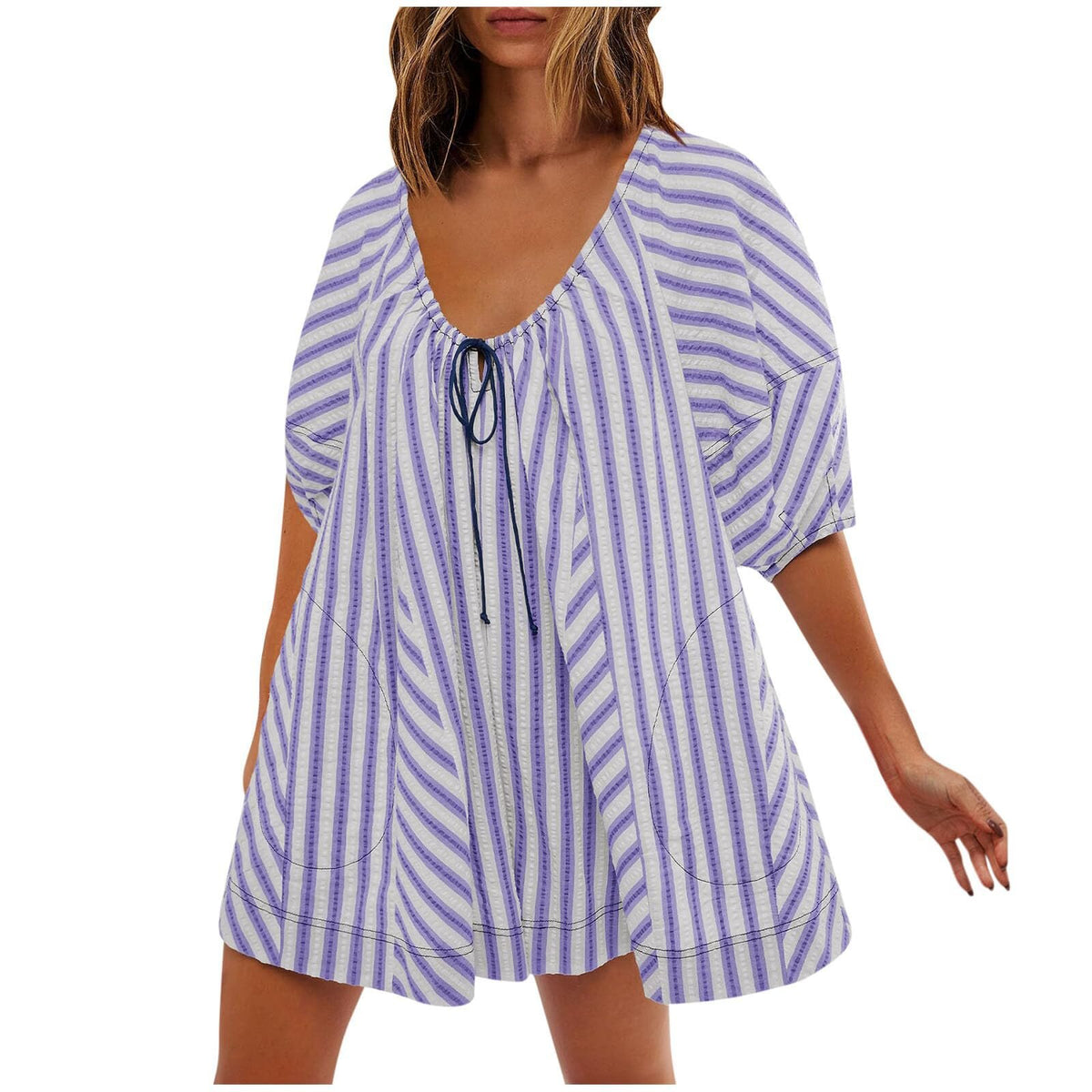 Striped V-Neck Short Sleeve Loose Casual Jumpsuit