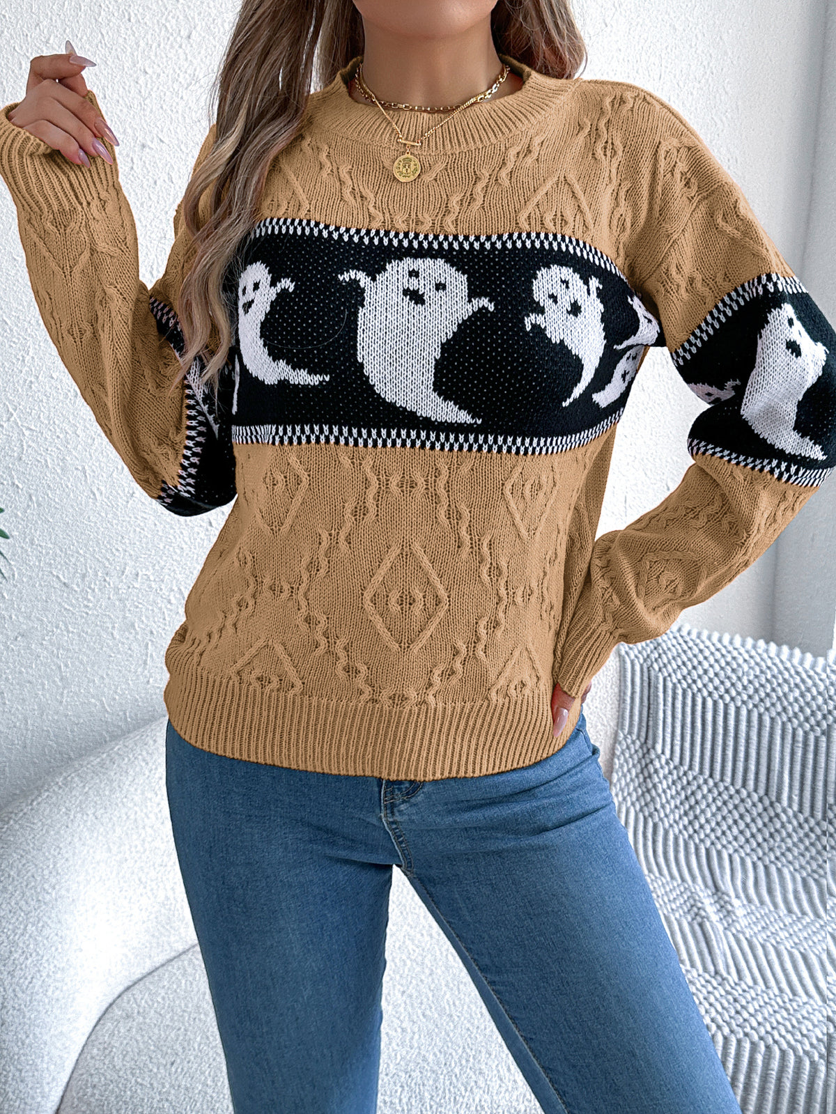 Women Ghost Color Block Long Sleeve Pullover Sweater