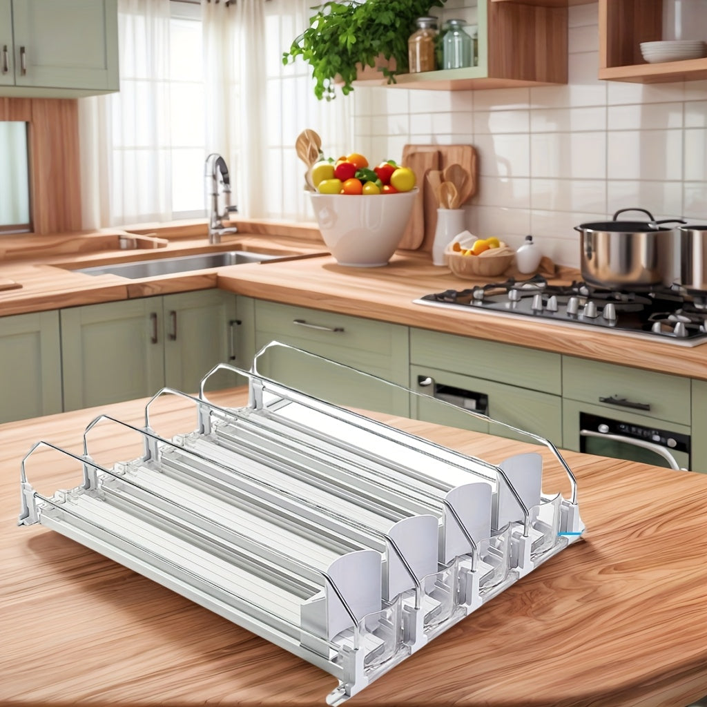 Self-Pushing Refrigerator Drink Organizer with Automatic Sliding Soda Can Dispenser – 4/3/2/1 Row Space-Saving Beverage Organizer for Fridge