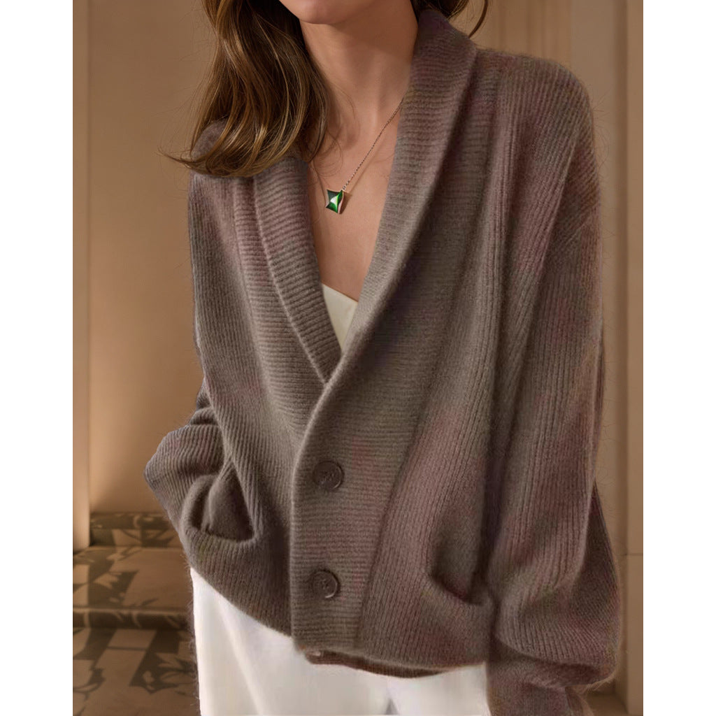 Retro Lapels Solid Color Long Sleeve Knitted Cardigan