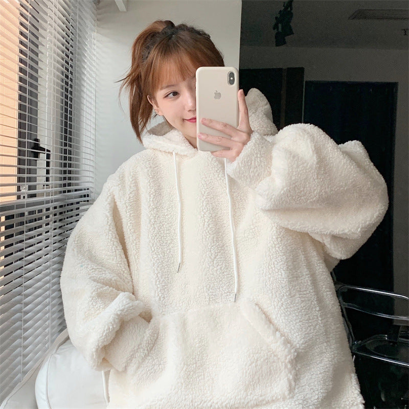 Women's Plus Size Plush Lambswool Hooded Sweater