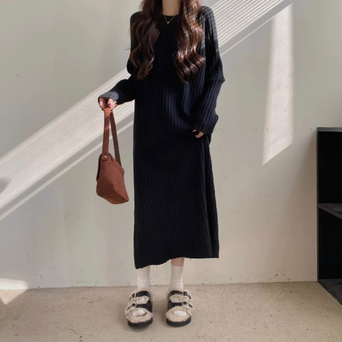 Elegant Long-Sleeve A-Line Midi Dress for Women
