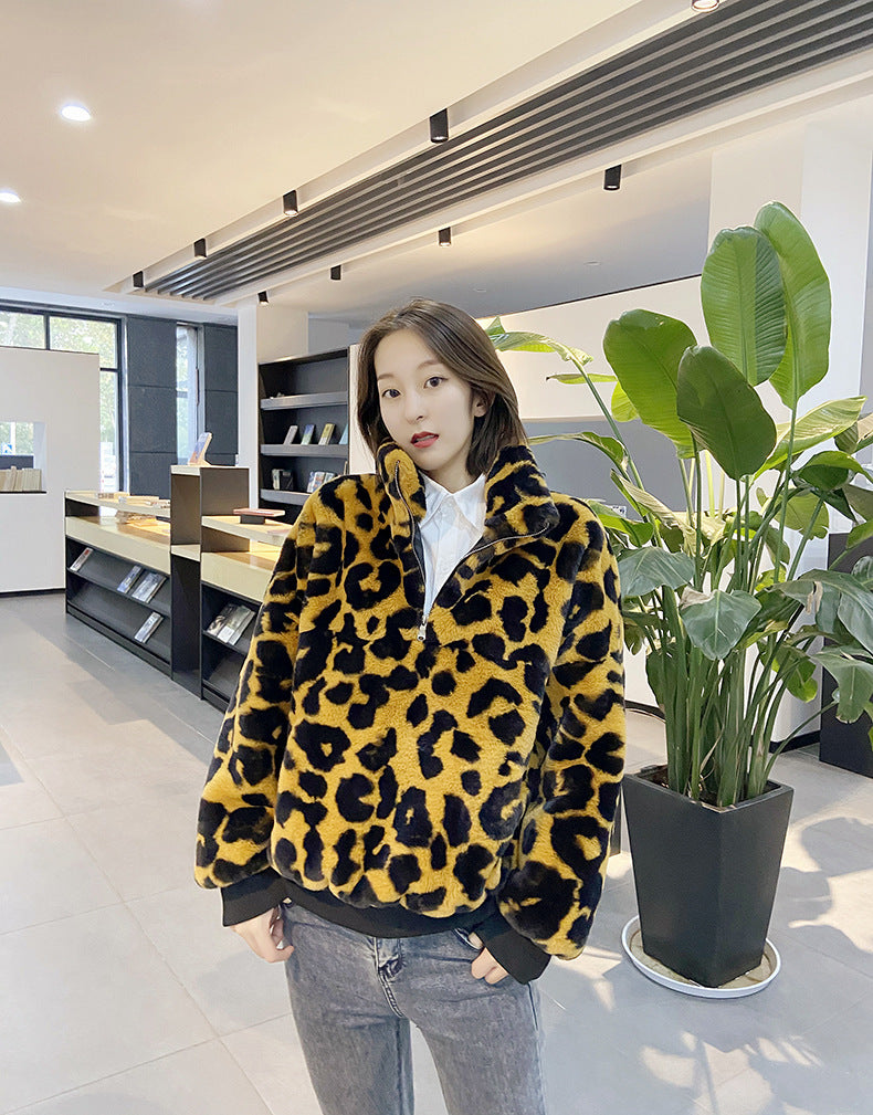 Leopard Print Faux Fur Stitching Women's Winter Sweater
