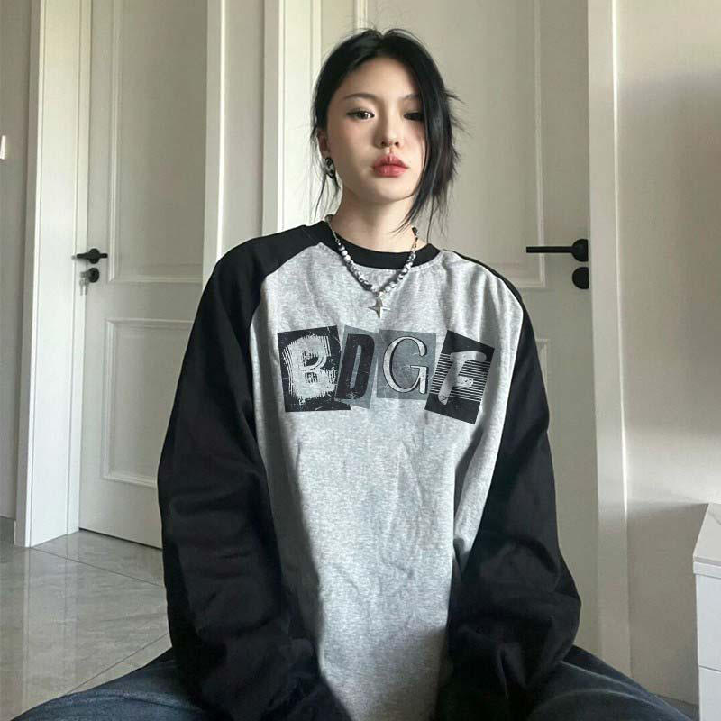 Oversized American-Style Long-Sleeve Black & Gray Tee