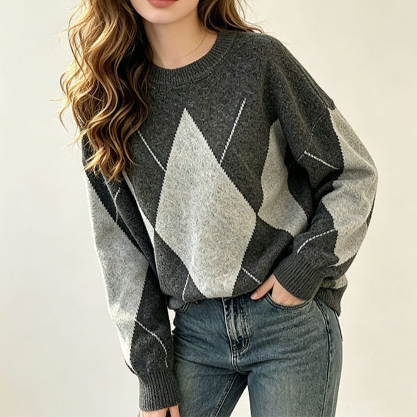 Fallwinter Color-block Diamond-pattern Jacquard Crew-neck Sweater