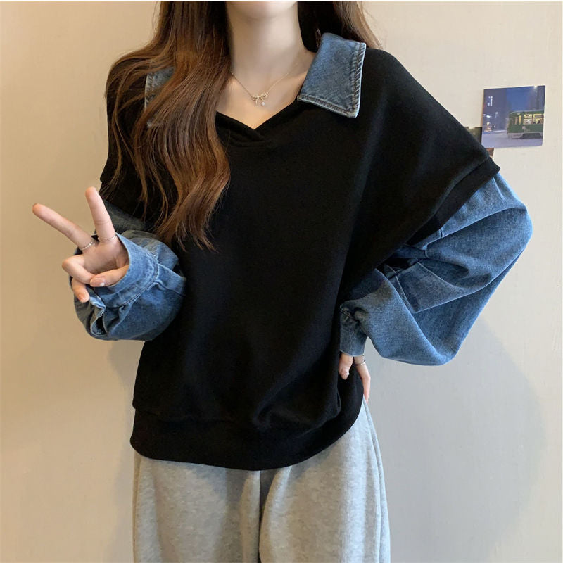 Plus Size Denim False Two-Piece Slimming Sweater