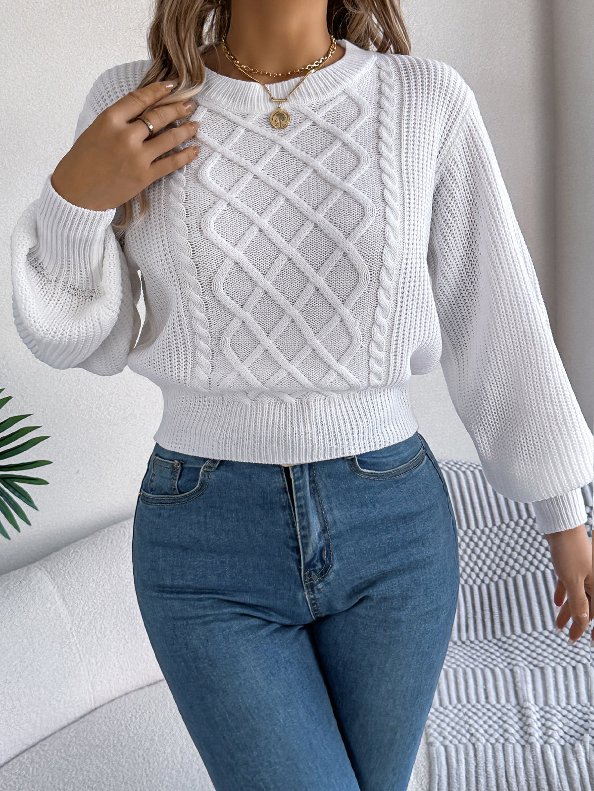 Solid Color Cable Knit Lantern Sleeve Cinched Pullover Sweater