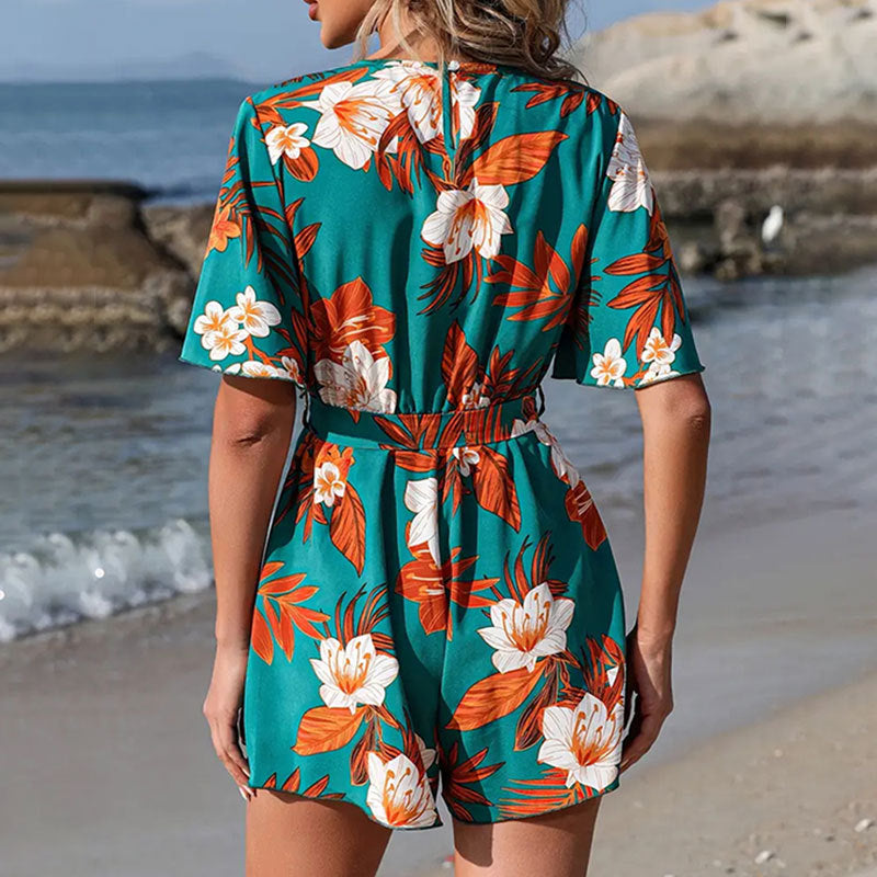 Beach Vacation Ruffle Sleeve Short Culottes Printed Jumpsuit