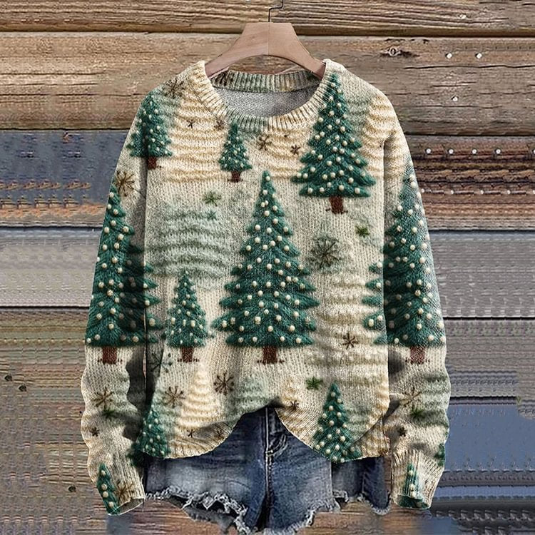 Coarse-needle Winter and Autumn Women's Sweater with Christmas-themed 3d Print and Crew Neck
