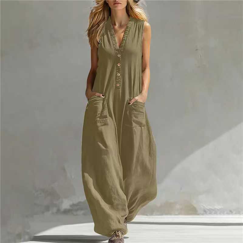 Women's Casual Linen-Cotton Sleeveless Pocket Jumpsuit