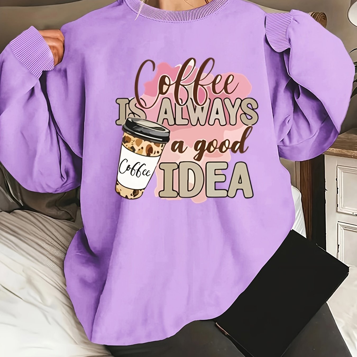 Plus Size Women's Coffee Cup Print Round Neck Sweatshirt