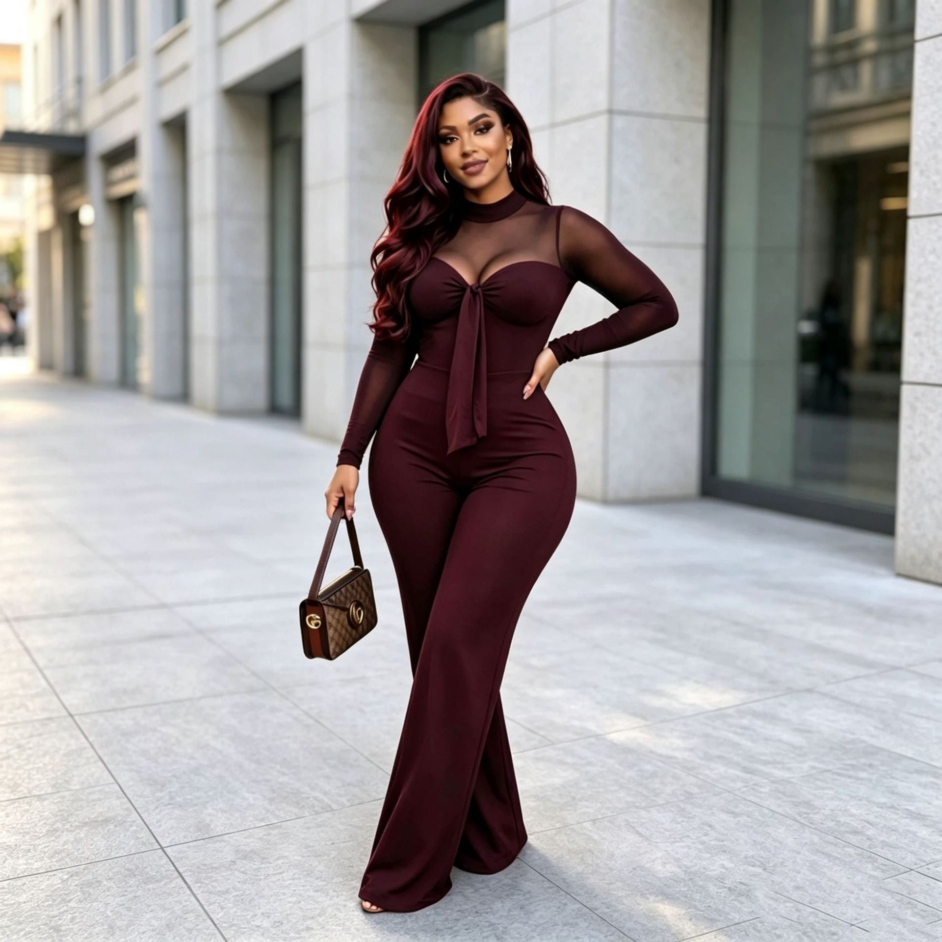 Women's Stretchy Mesh Patchwork Commuter Jumpsuit