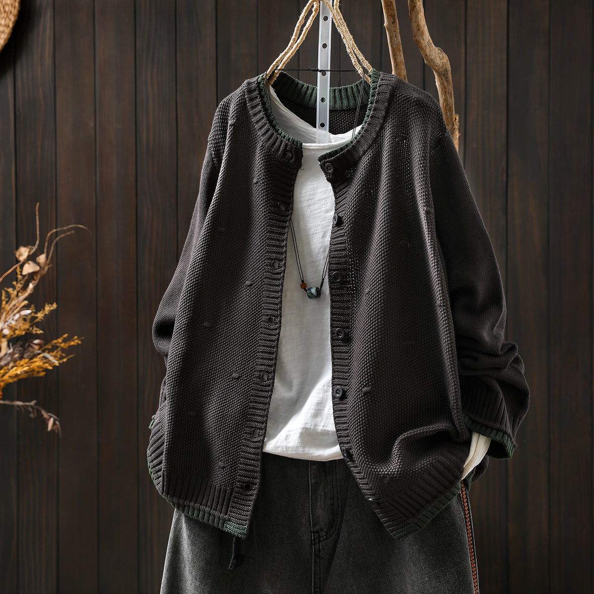 Women's Cardigan Sweater Coat Color Block Cotton Thread Knitting Retro Casual