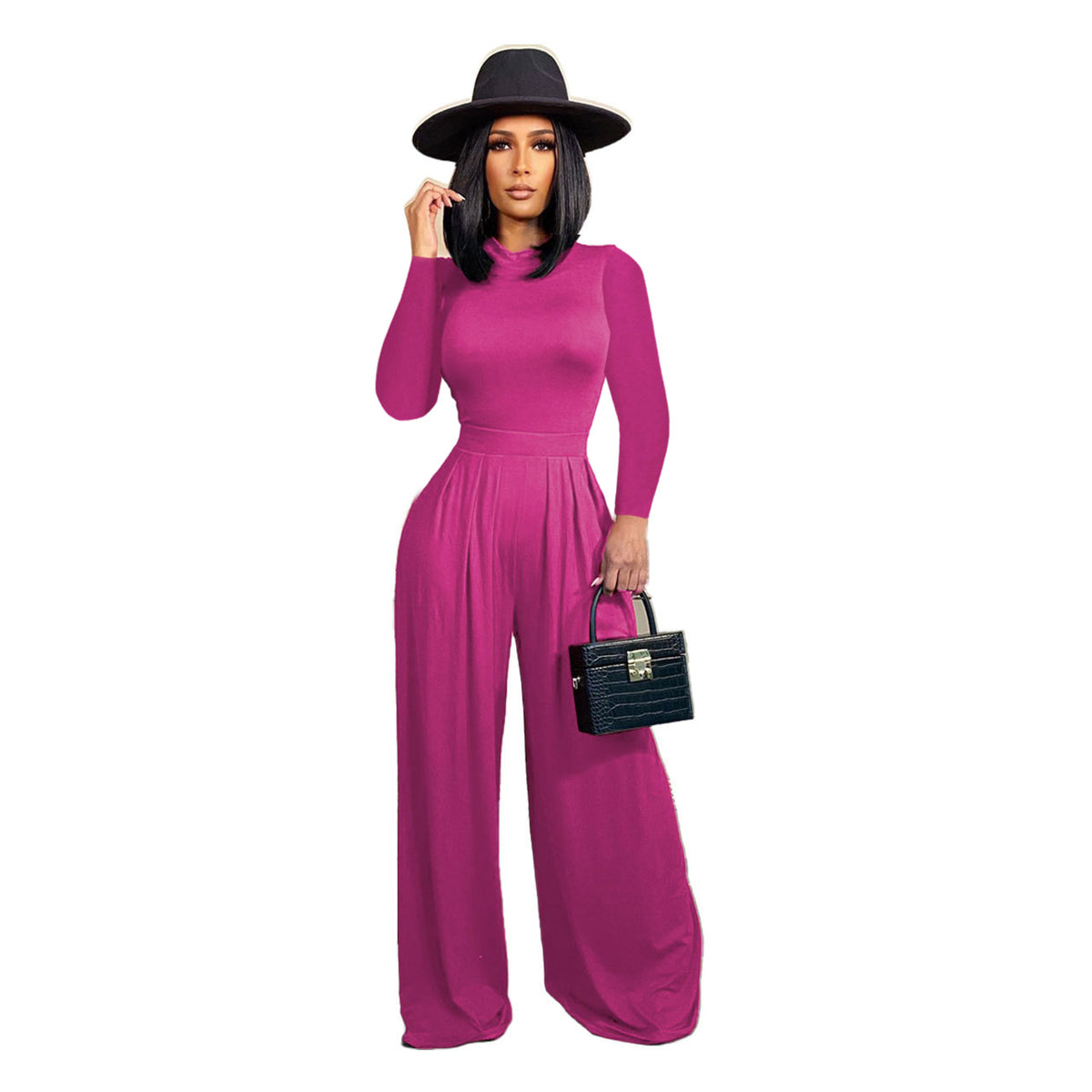Chic Solid Long-Sleeve Wide-Leg Jumpsuit