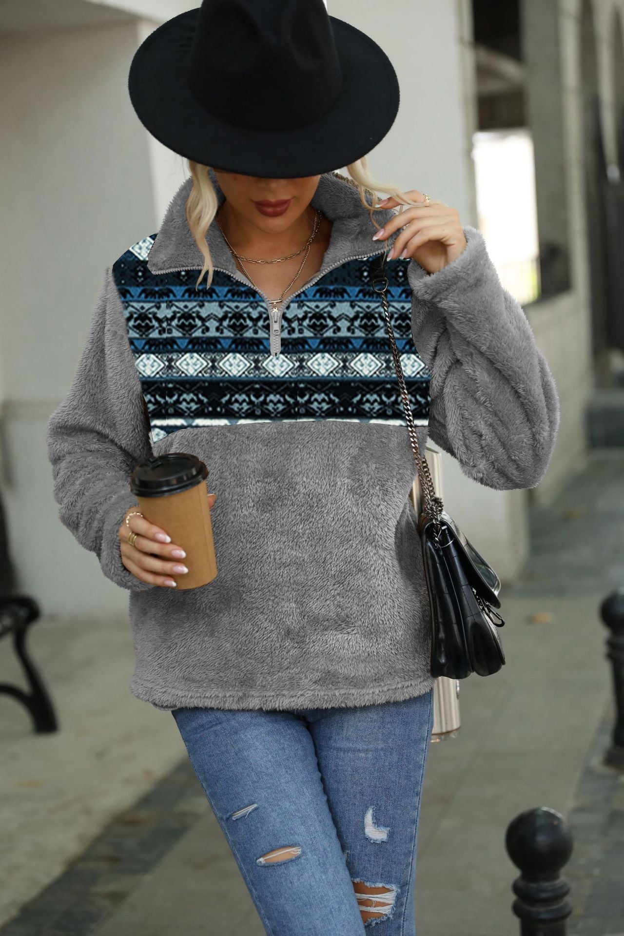Geometric Print Plush Pullover Sweatshirt