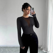 Sleek Black Mesh-Panel Long Sleeve Top – Slim Fit, Elegant Style