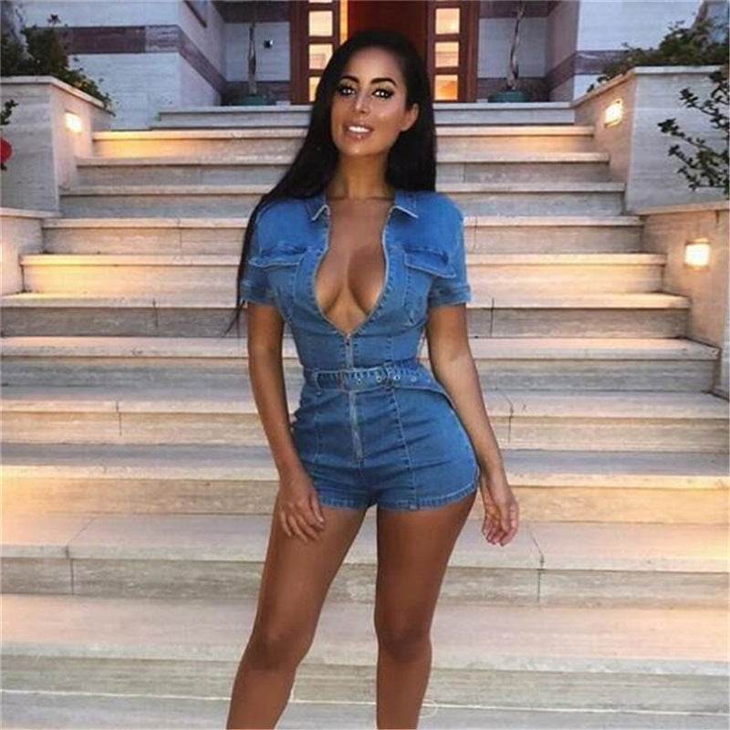 Slim Fit Deep V Denim Jumpsuit with Belt & Pockets