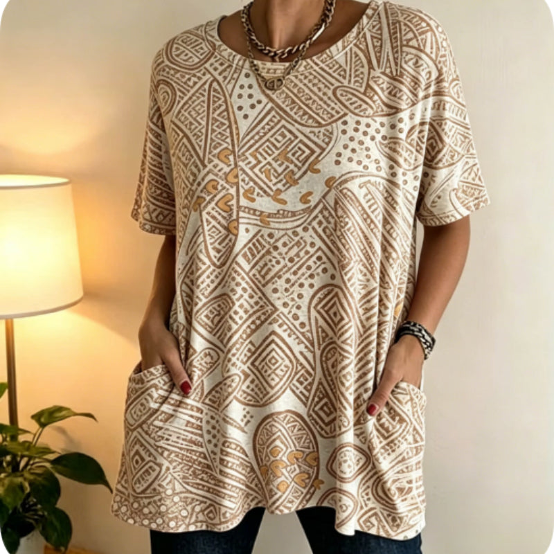 Geometric Boho Tunic Top for Women - Relaxed Fit with Pockets