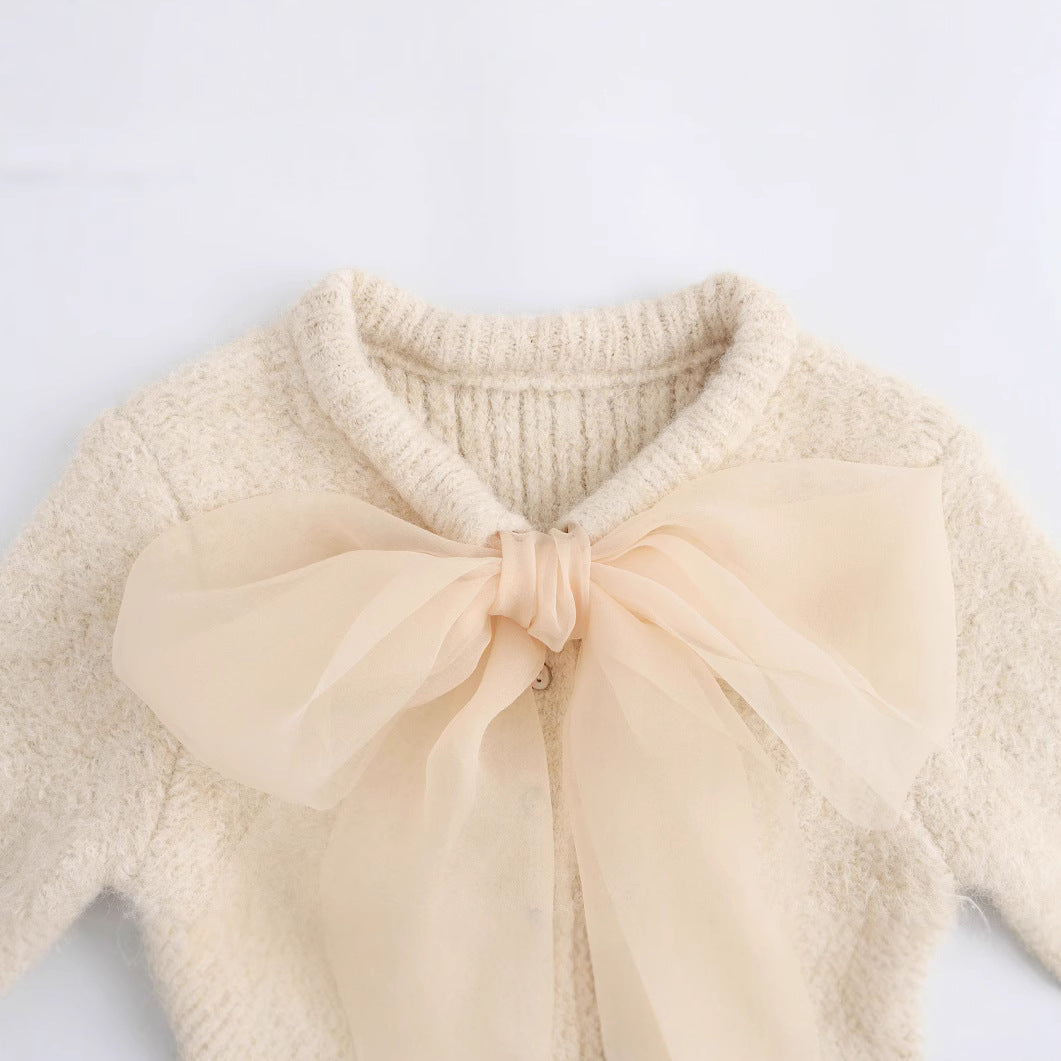 Transparent Organza Bowknot Decoration Short-sleeved Sweater