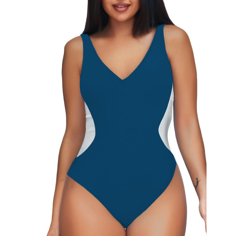 Women's One-piece Deep V Contrast Color Swimsuit