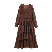 Fashionable Versatile and Chic V-neck Polka-dot Waist-cinching Tiered Cake Dress
