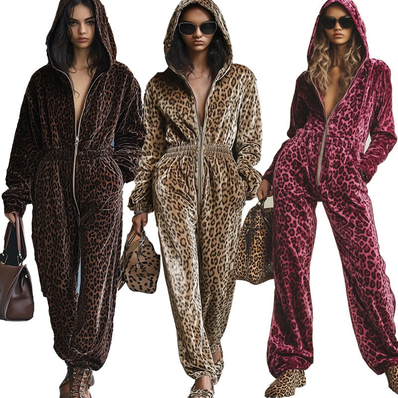 Leopard Print Hooded Long Sleeve Jumpsuit