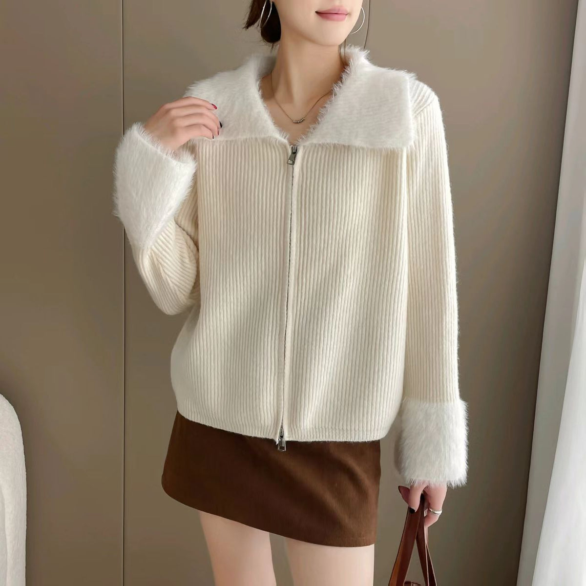 Korean Style Double Zipper Lapel Patchwork Cuff Sweater