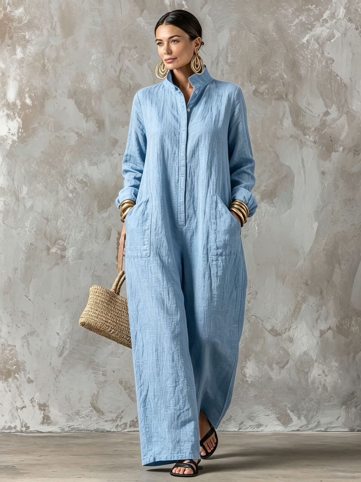 Chic Mandarin Collar Wide-Leg Long Sleeve Jumpsuit