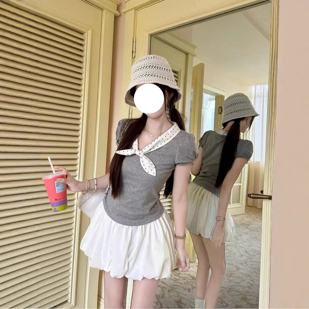 Korean‑Style Polka Dot Bow Slim Fit Short‑Sleeve Top