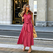 Chic Striped V-Neck Belted A-Line Maxi Dress