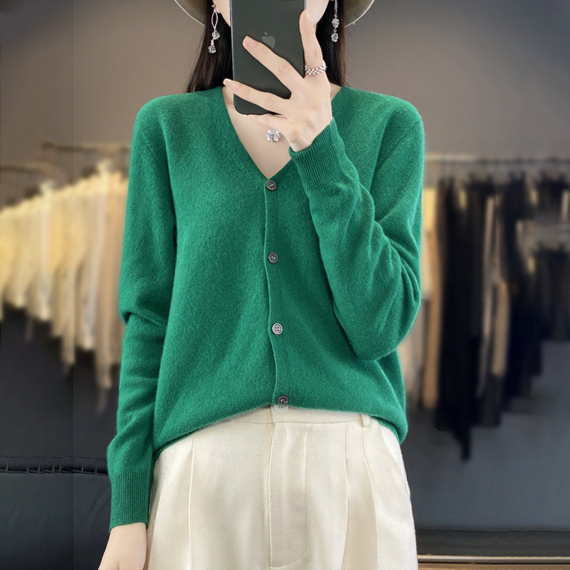 Womens Wool Cardigan Long-sleeve V-neck Sweater Coat