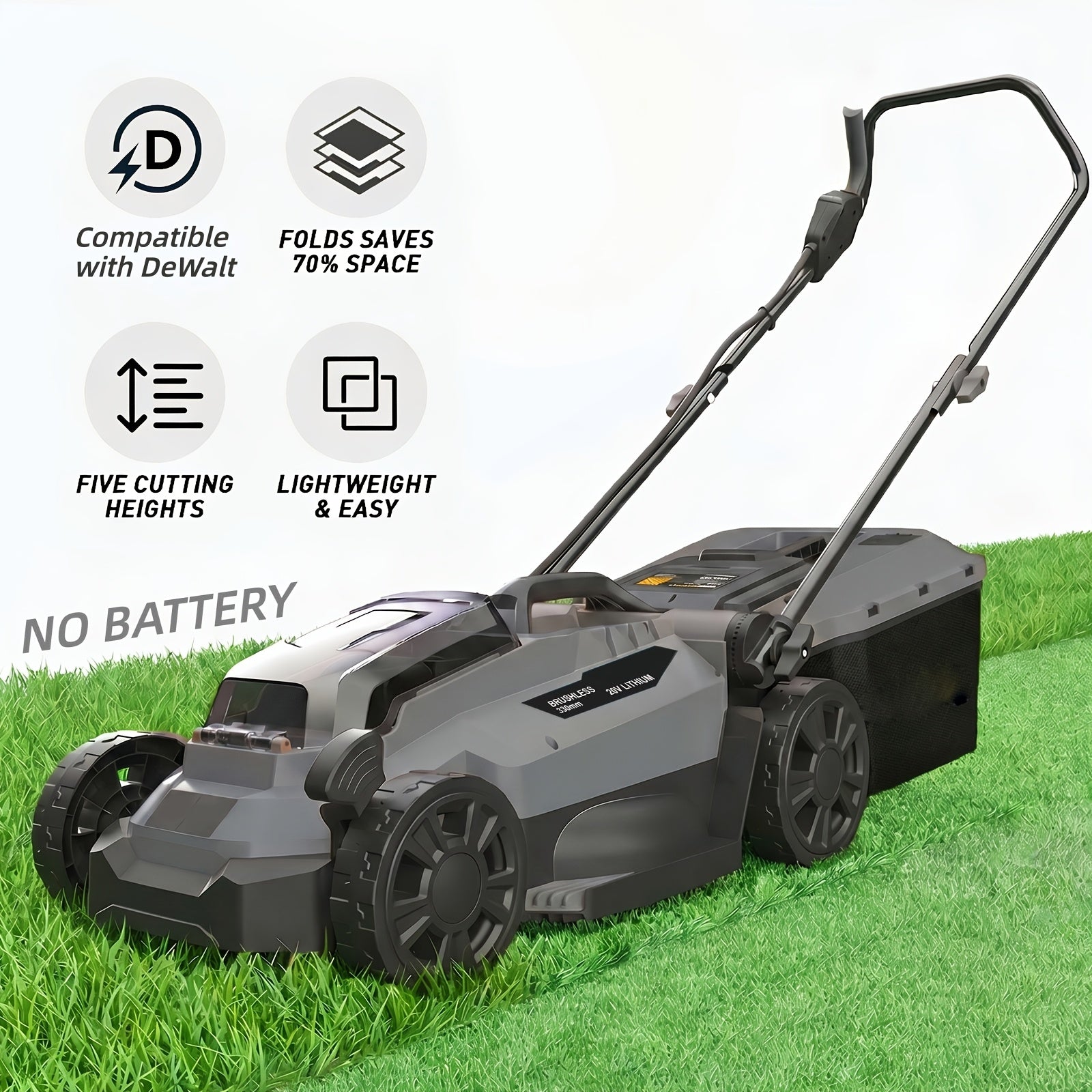 [Cordless Lawn Mower] HOLAMAY 13 Inch Cordless Lawn Mower, for Dewalt 20V MAX Battery, Brushless Electric Mower with 5-Level Height Adjustment, 8 Gallon Grass Bag, for Small Yard/Garden (Battery Not Included)