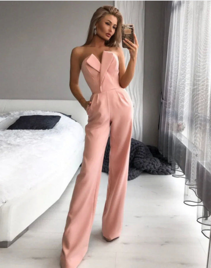 Women's Elegant Mid-Waist Straight-Leg Commuter Jumpsuit