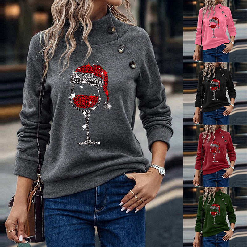 Cup Round Neck Button Christmas Loose Sweater Women