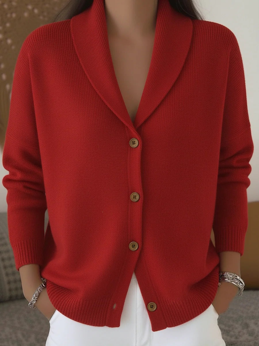 Womens Knitted Cardigan Loose-fit Lazy Style Soft and Cozy Notch Lapel Solid Color Long-sleeve Sweater