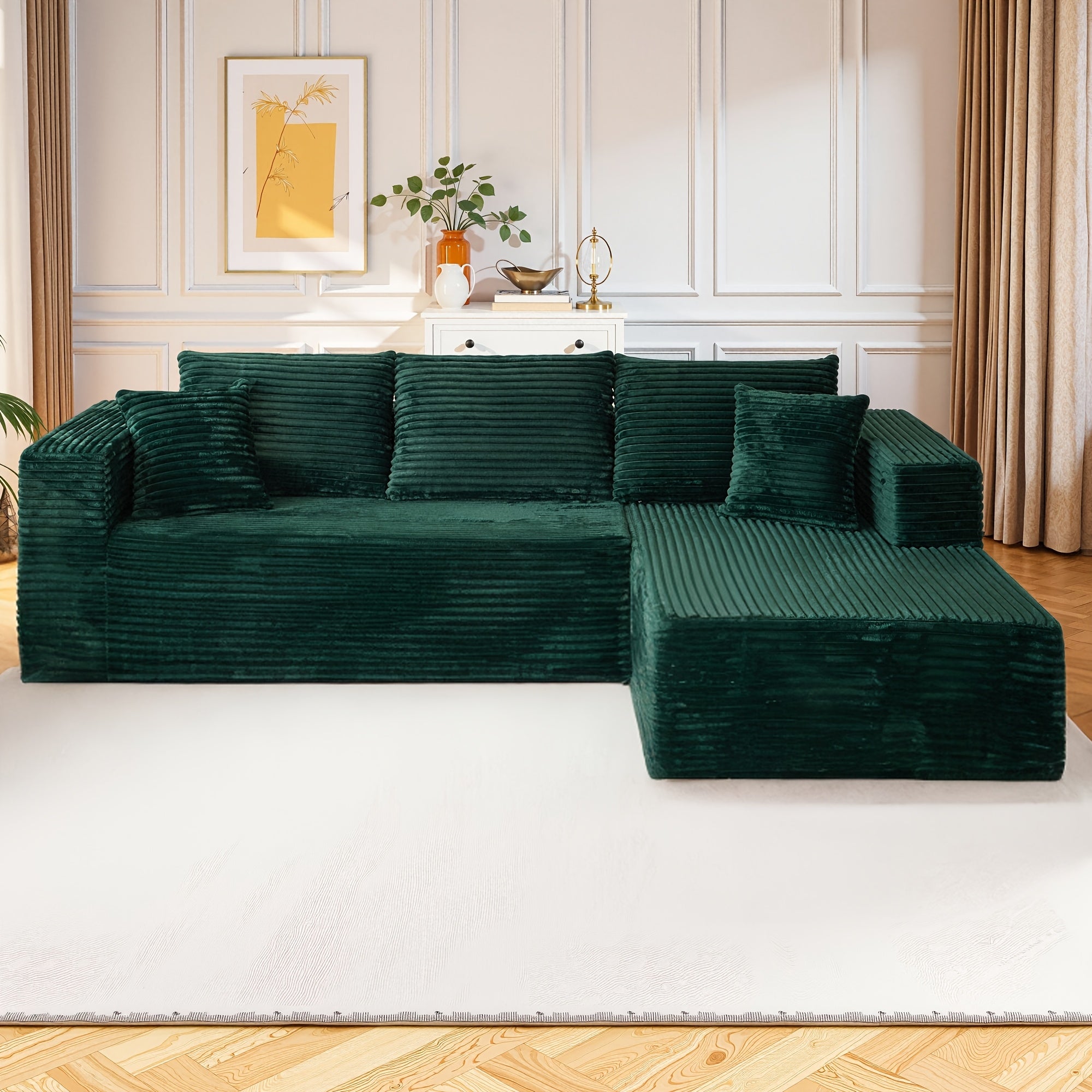 Modular L-shaped chaise longue sofa bed with deep seat and corduroy upholstery