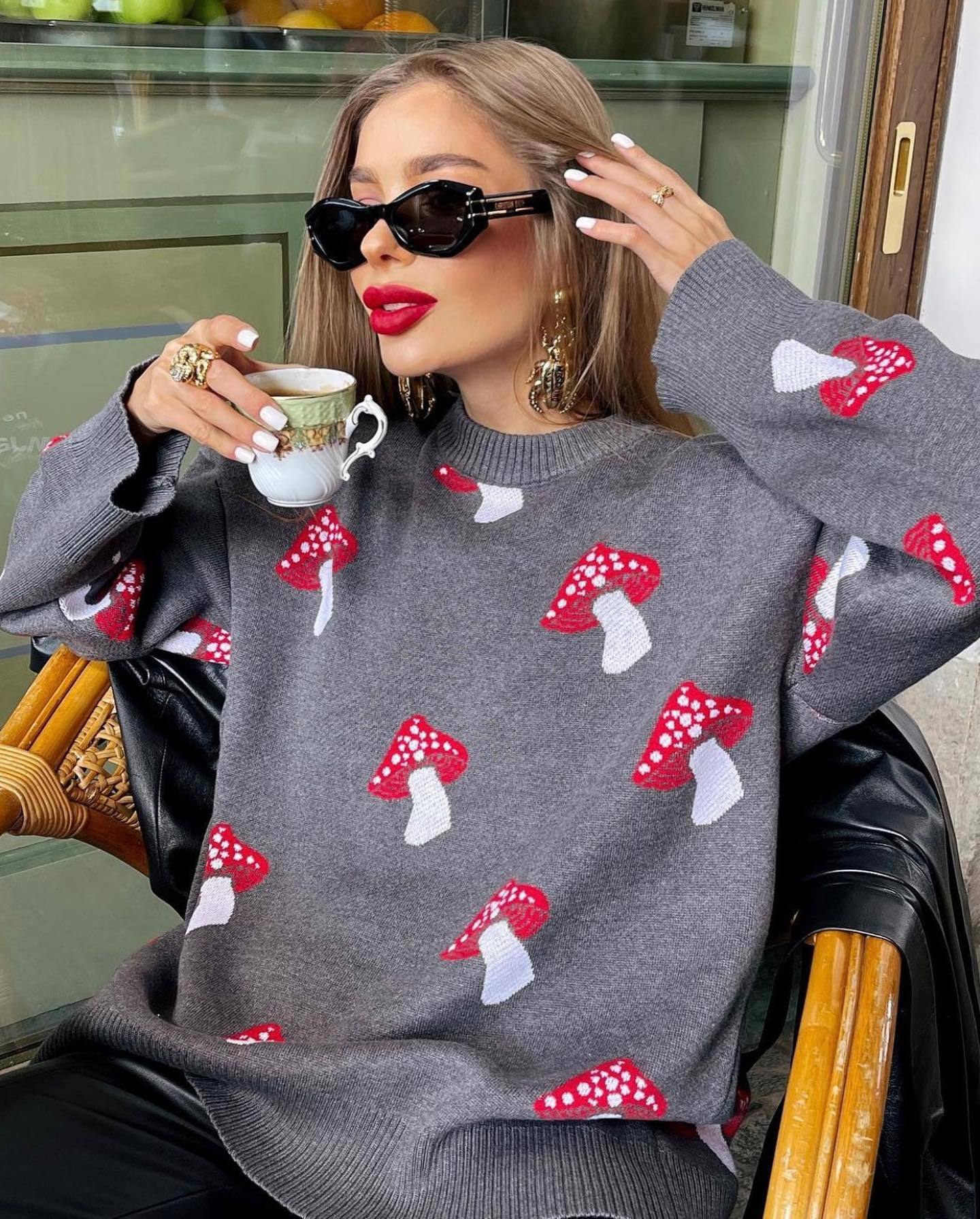 Women's Contrast Color Knit Coat with Mushroom Pattern